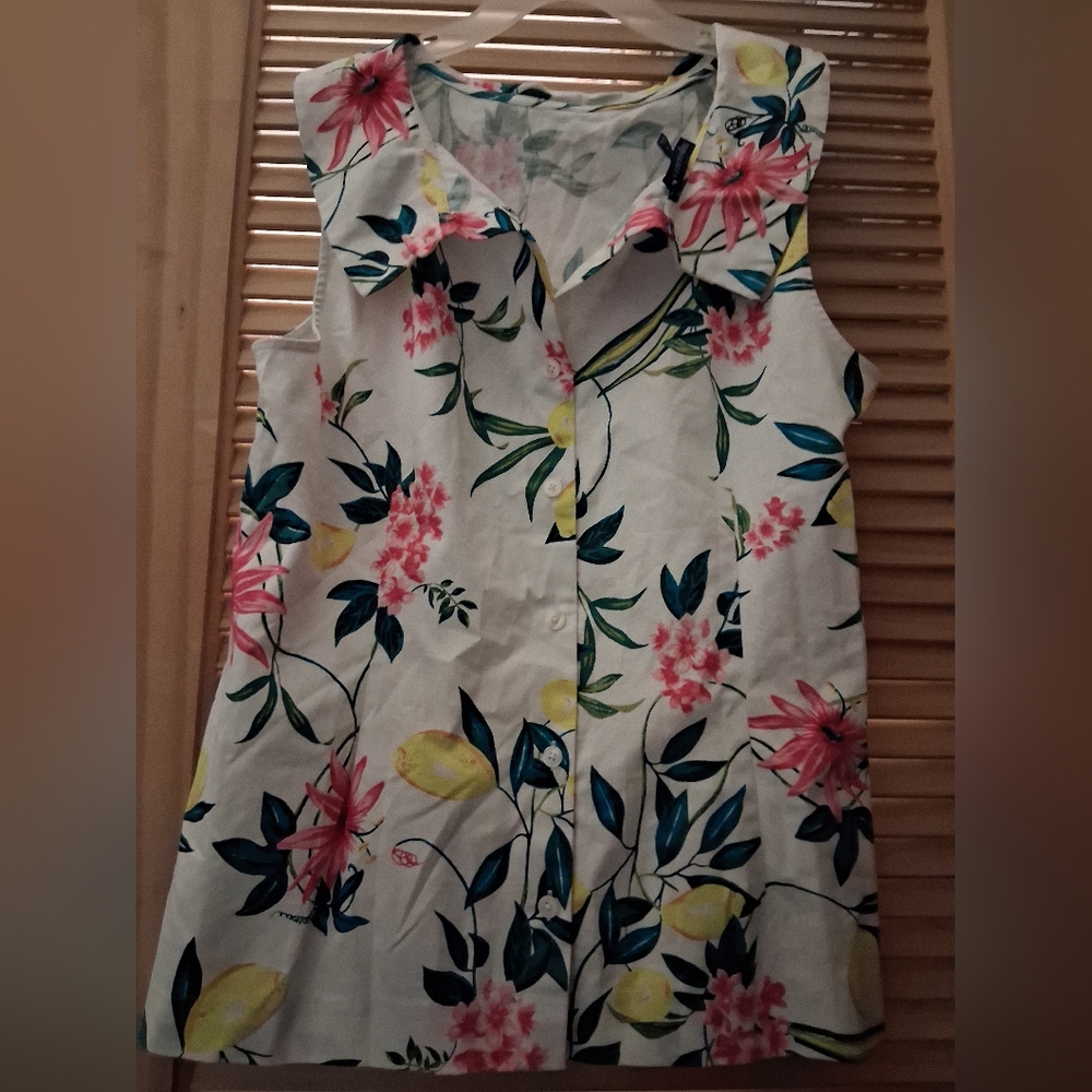Talbots Sleeveless Floral Blouse - Pink, Green, Yellow on White